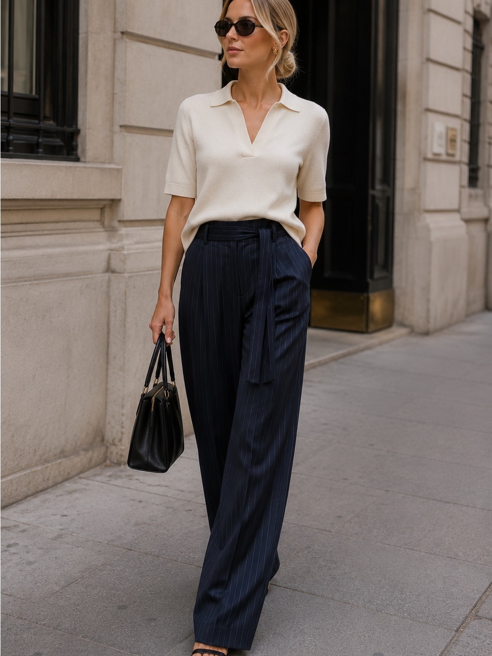 Zara XS Navy Pinstripe Wide Leg Tie Waist Pants High Rise - Picture 4 of 8